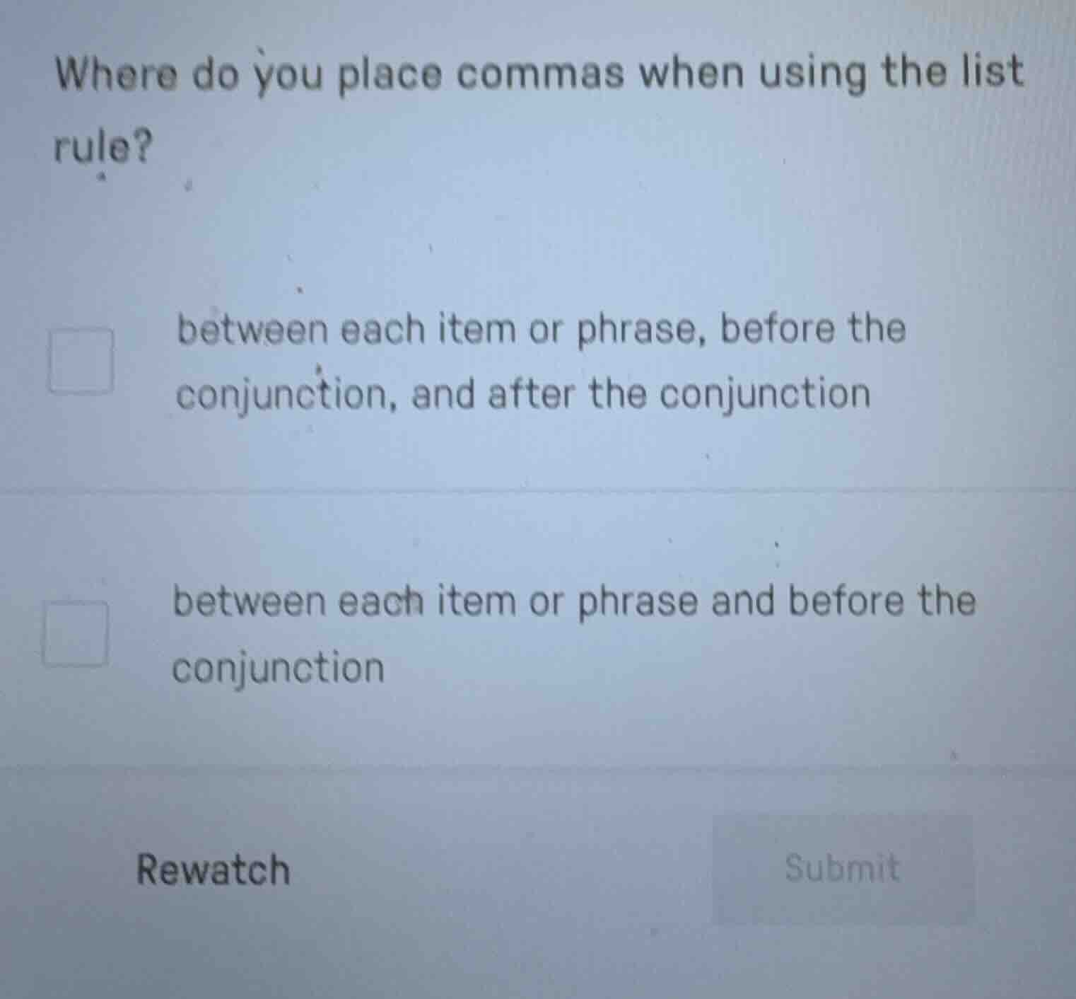 where do you place commas when using the list rule? between each item o…