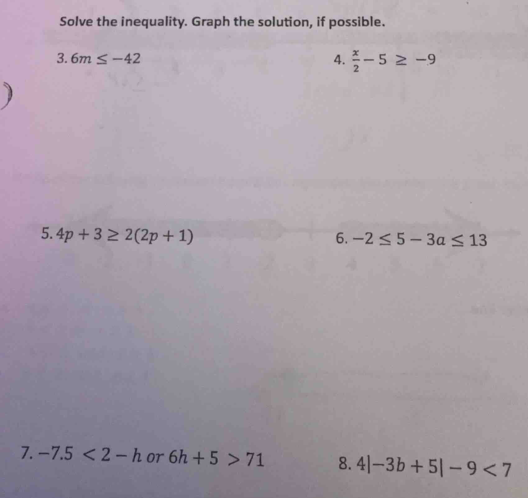 solve the inequality. graph the solution, if possible. 3. $6m \\leq -42…