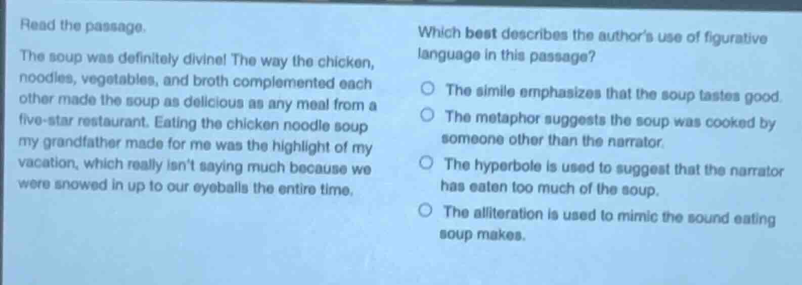 read the passage. the soup was definitely divine! the way the chicken, …