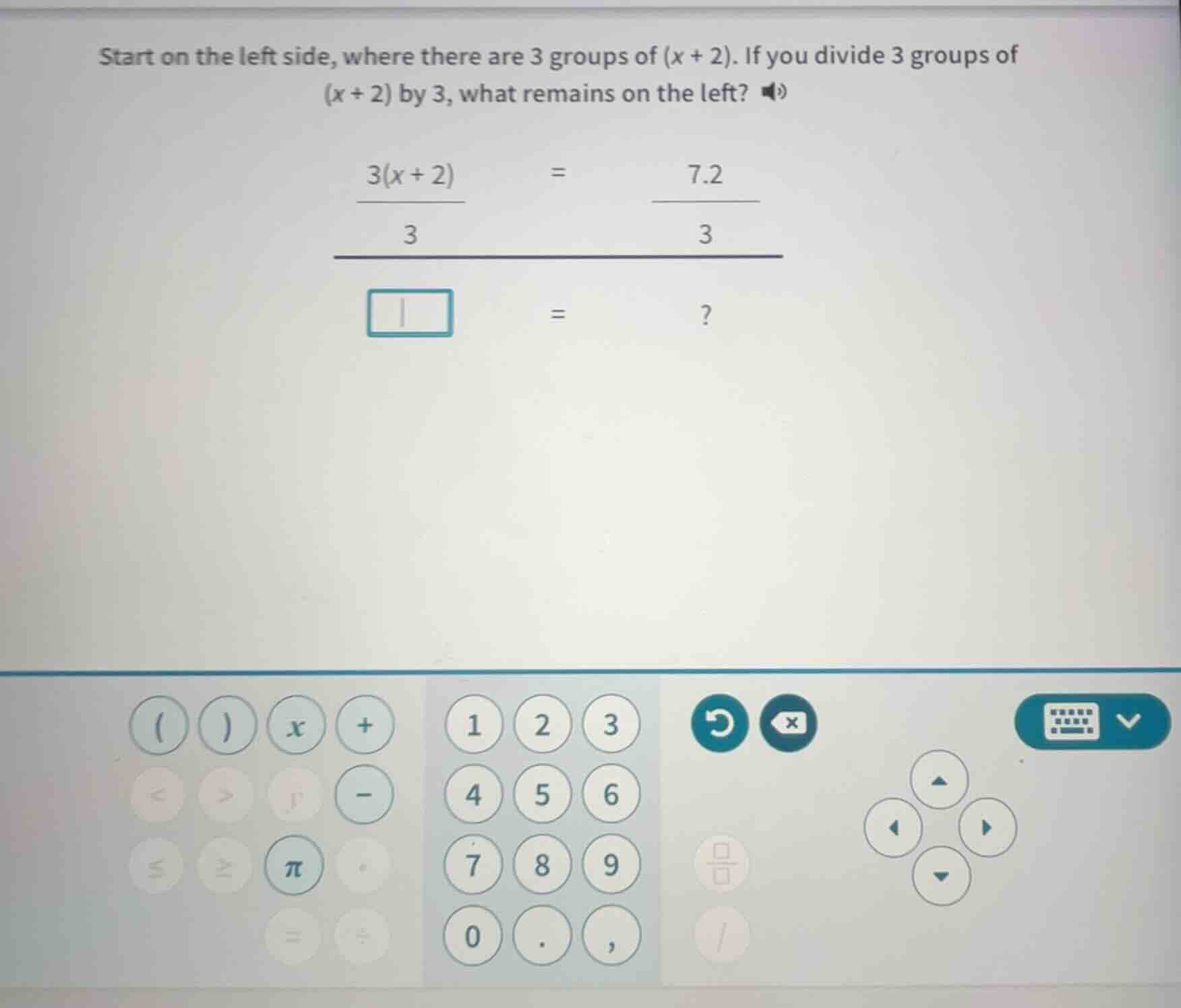 start on the left side, where there are 3 groups of (x + 2). if you div…