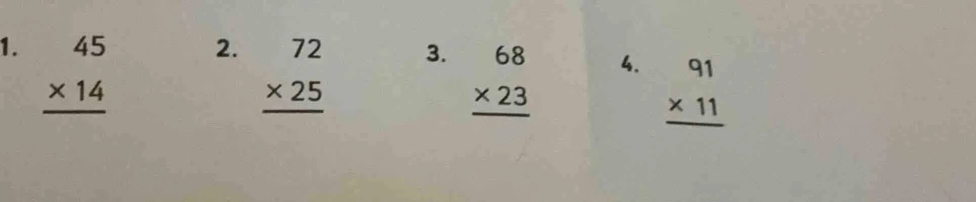 1. \\begin{array}{r} 45 \\\\ \\times 14 \\\\ \\hline \\end{array} 2. \\…