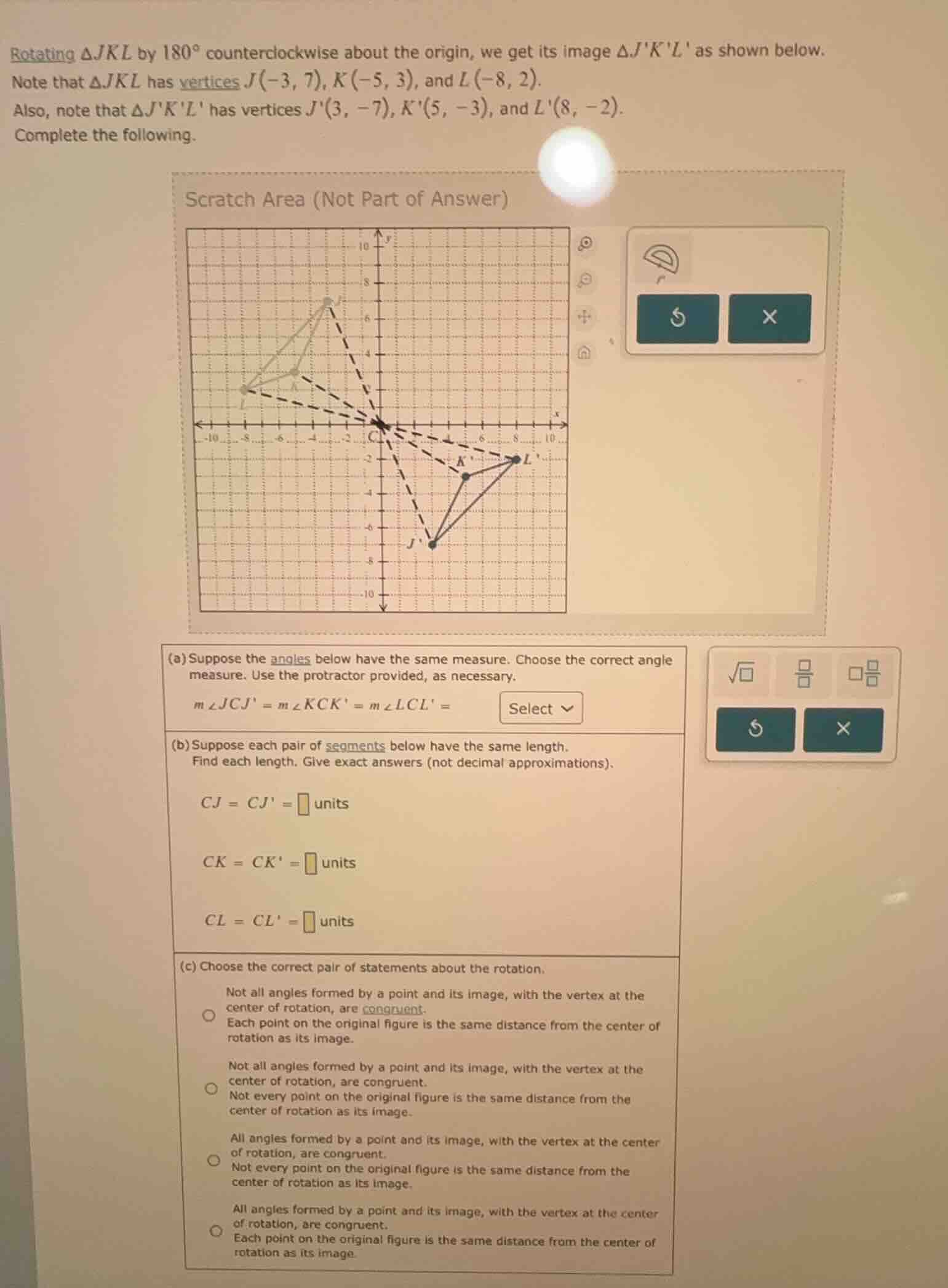 rotating $\\triangle jkl$ by $180^\\circ$ counterclockwise about the or…