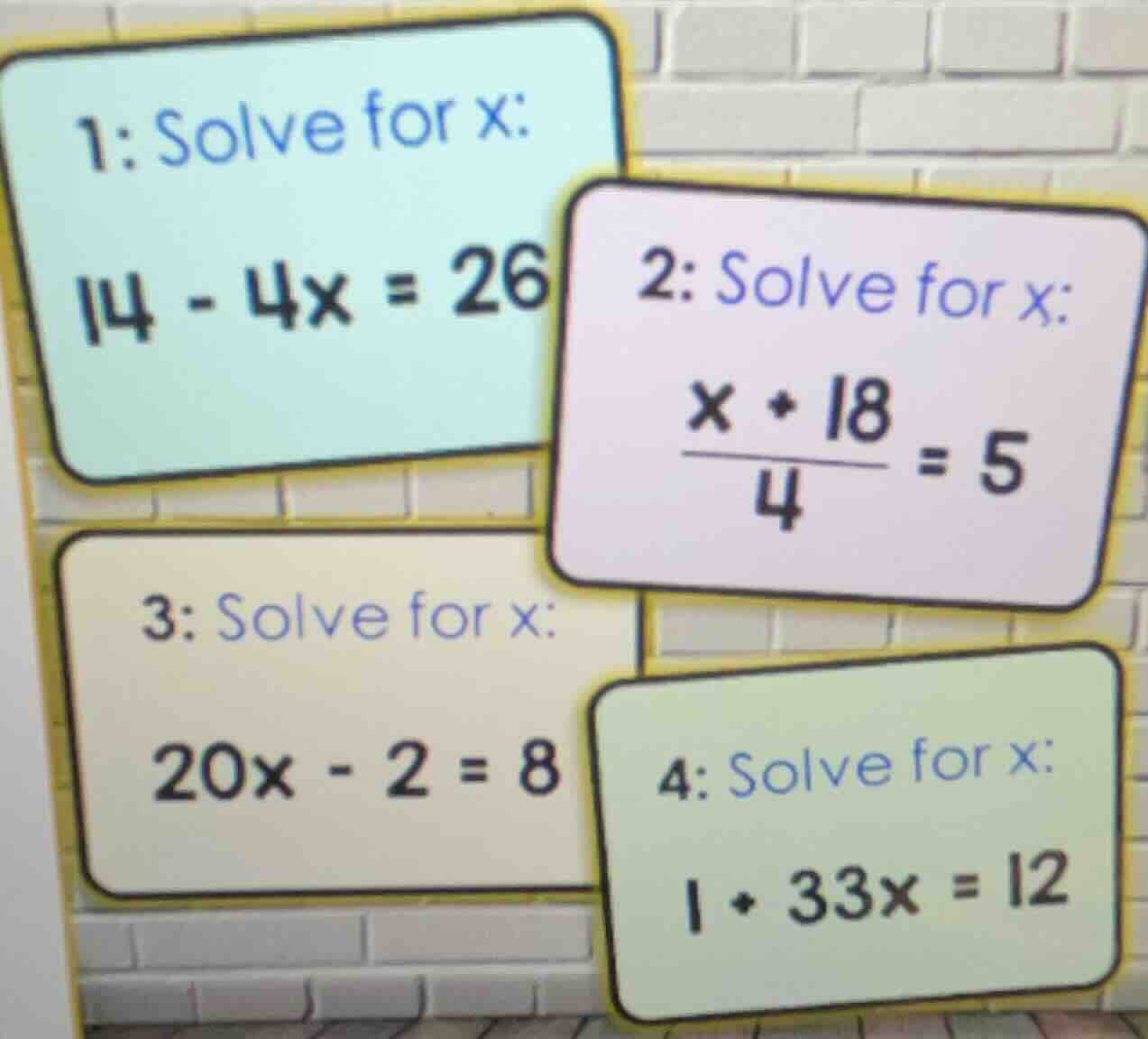 1: solve for x: 14 - 4x = 26 2: solve for x: \\frac{x + 18}{4} = 5 3: s…