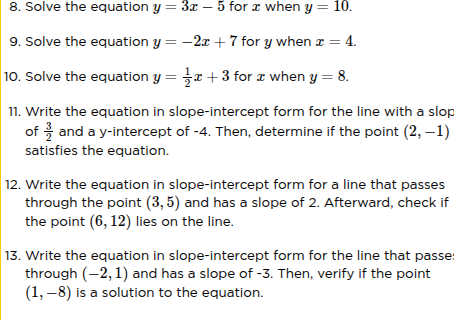 8. solve the equation $y = 3x - 5$ for $x$ when $y = 10$. 9. solve the …