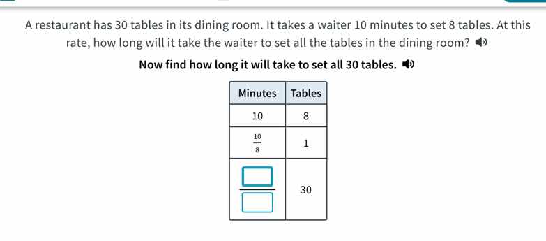 a restaurant has 30 tables in its dining room. it takes a waiter 10 min…