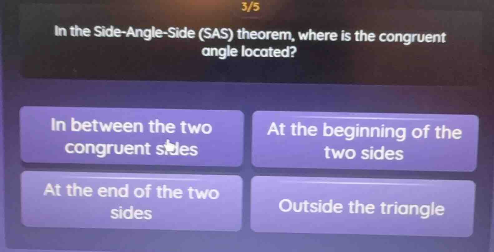 in the side-angle-side (sas) theorem, where is the congruent angle loca…