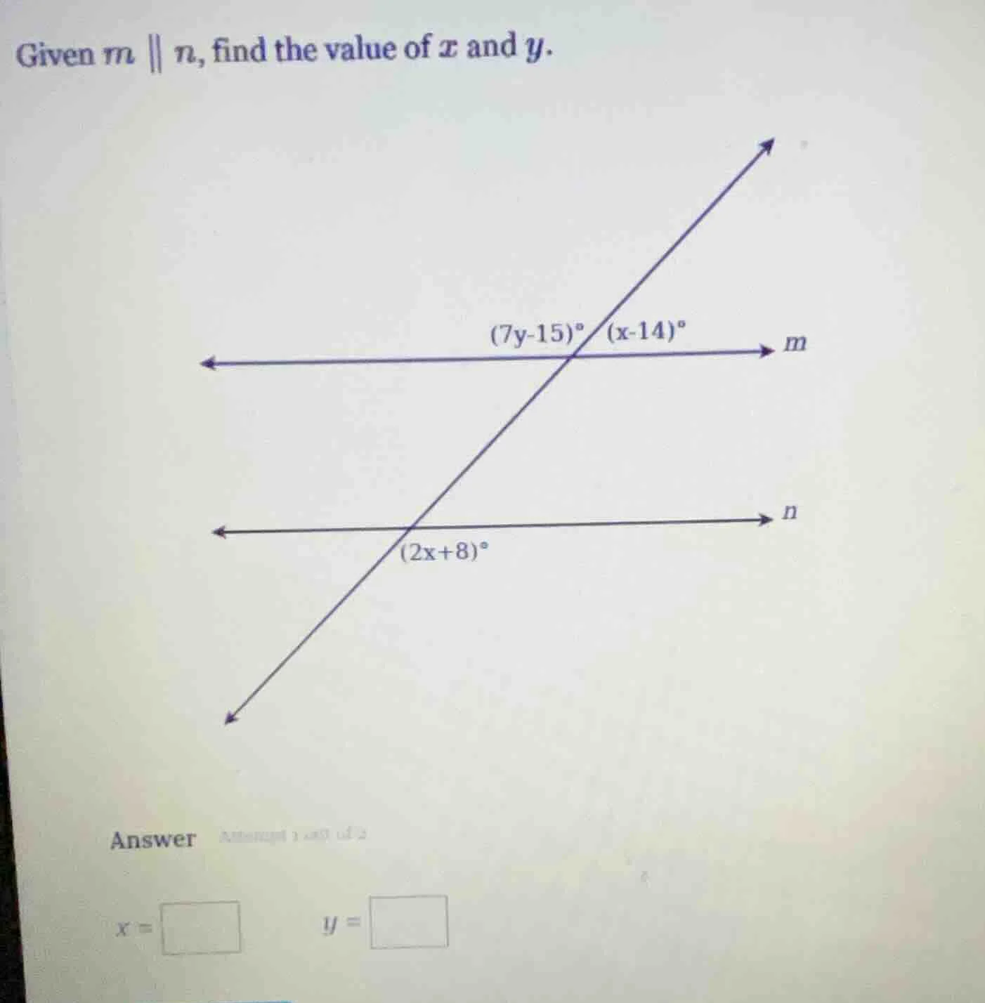 given $m \\parallel n$, find the value of $x$ and $y$. (7y - 15)° (x - …