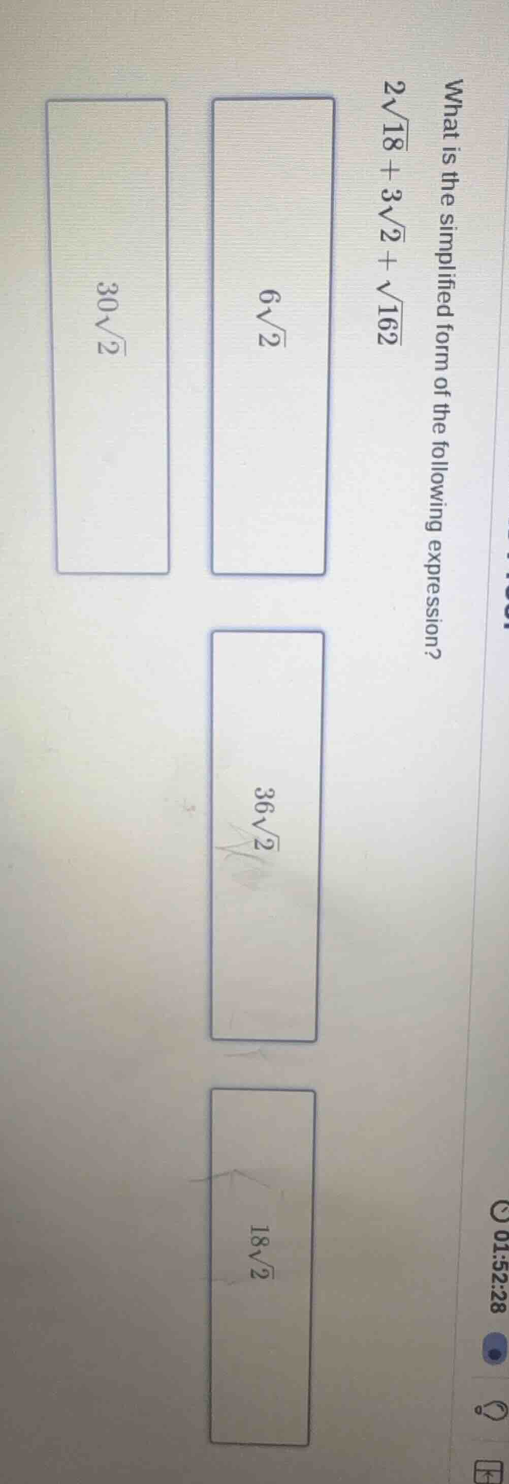 what is the simplified form of the following expression? $2\\sqrt{18} +…