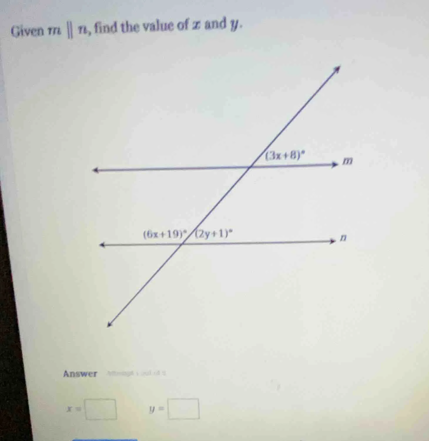 given $m \\parallel n$, find the value of $x$ and $y$. (there is a diag…