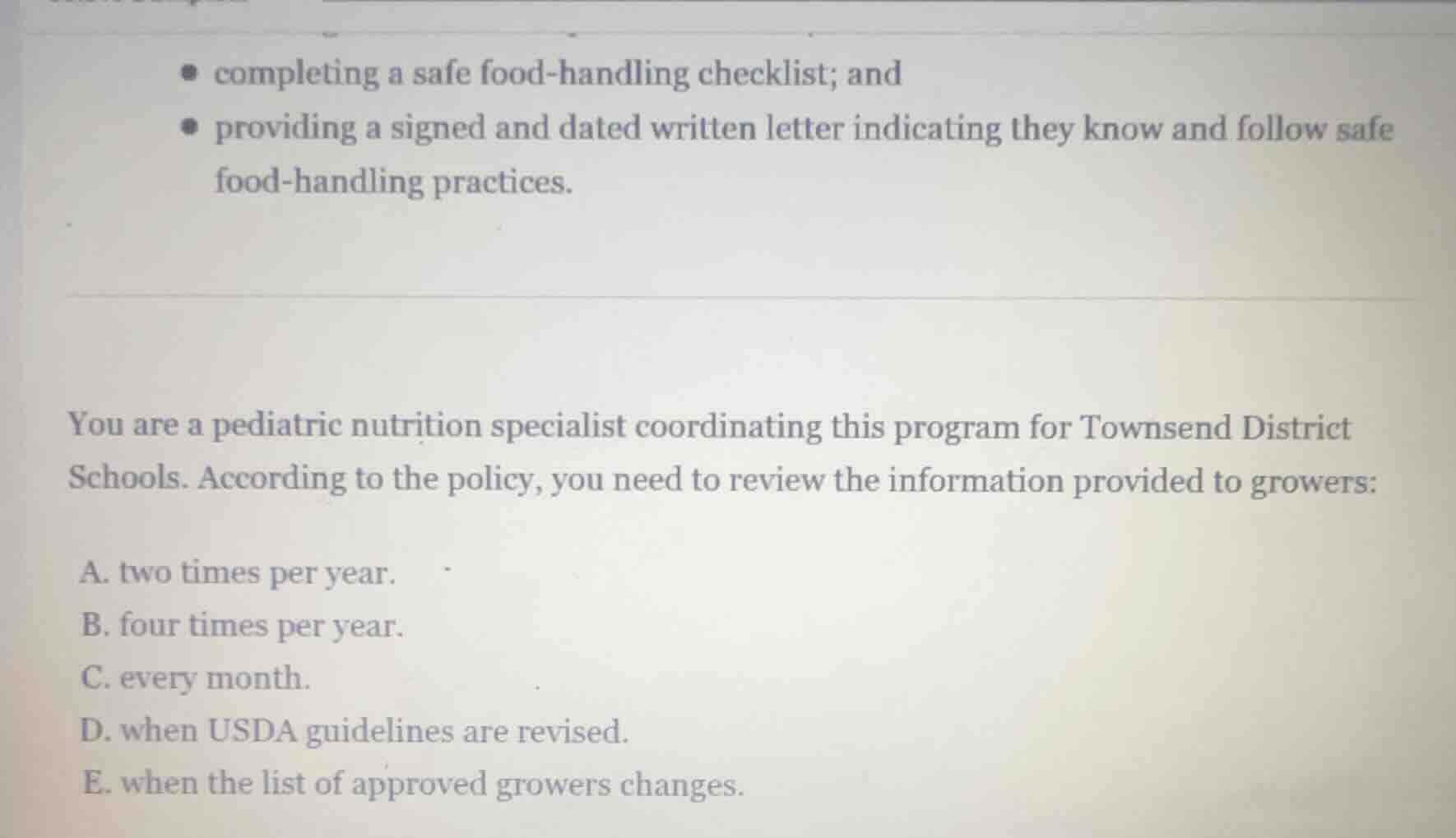 completing a safe food-handling checklist; and providing a signed and d…