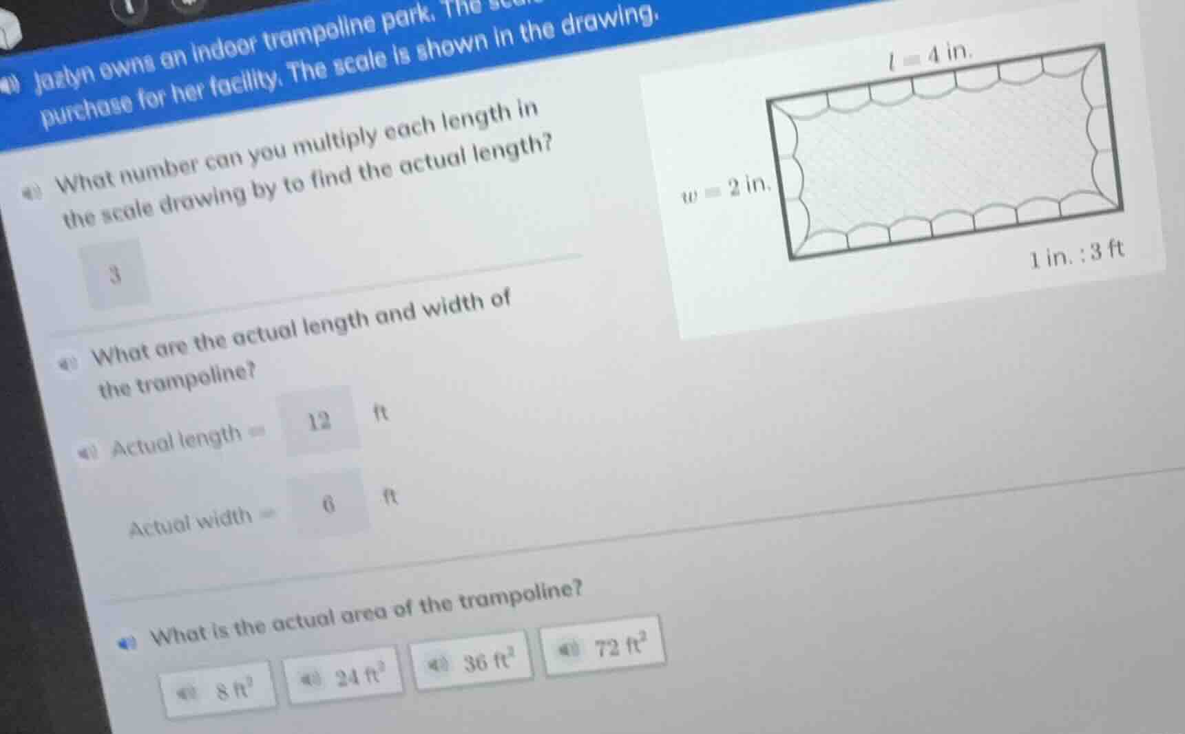 jazlyn owns an indoor trampoline park. the scale is shown in the drawin…