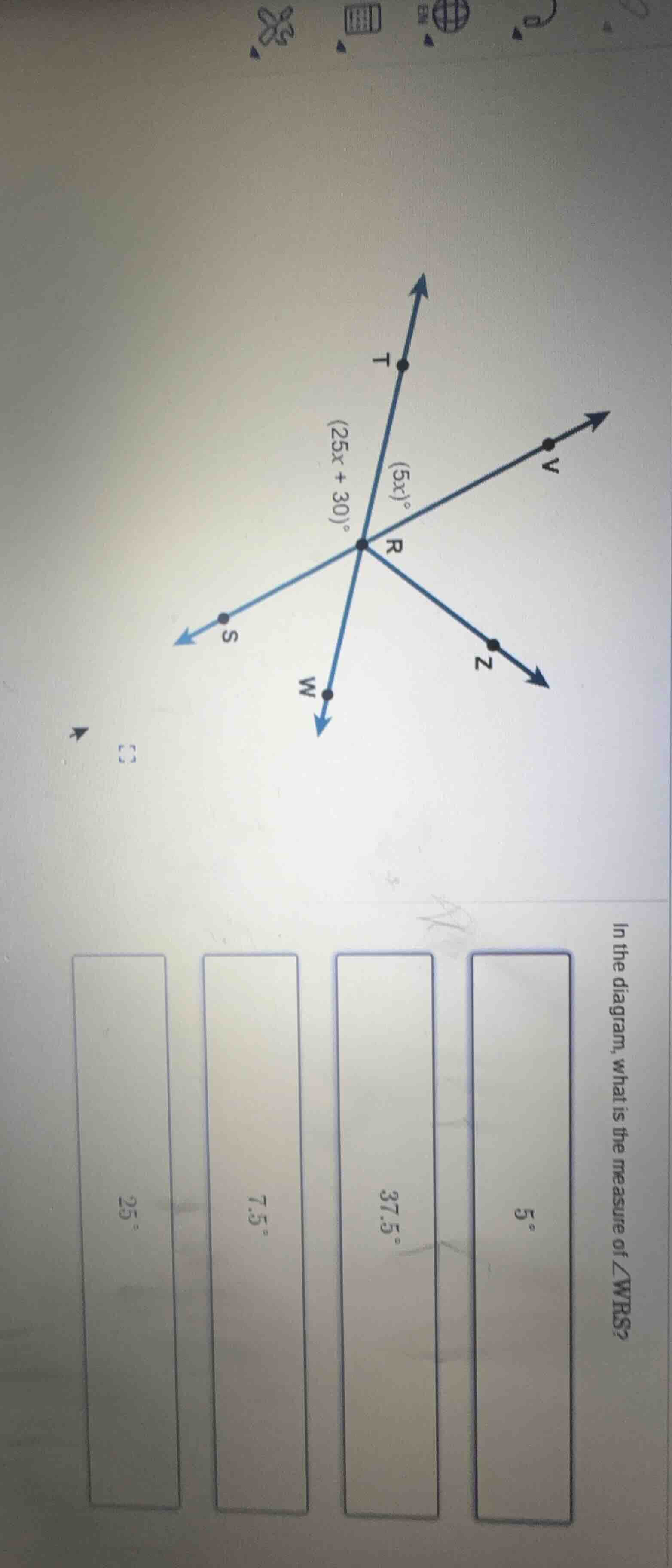 in the diagram, what is the measure of ∠wrs? the diagram shows intersec…