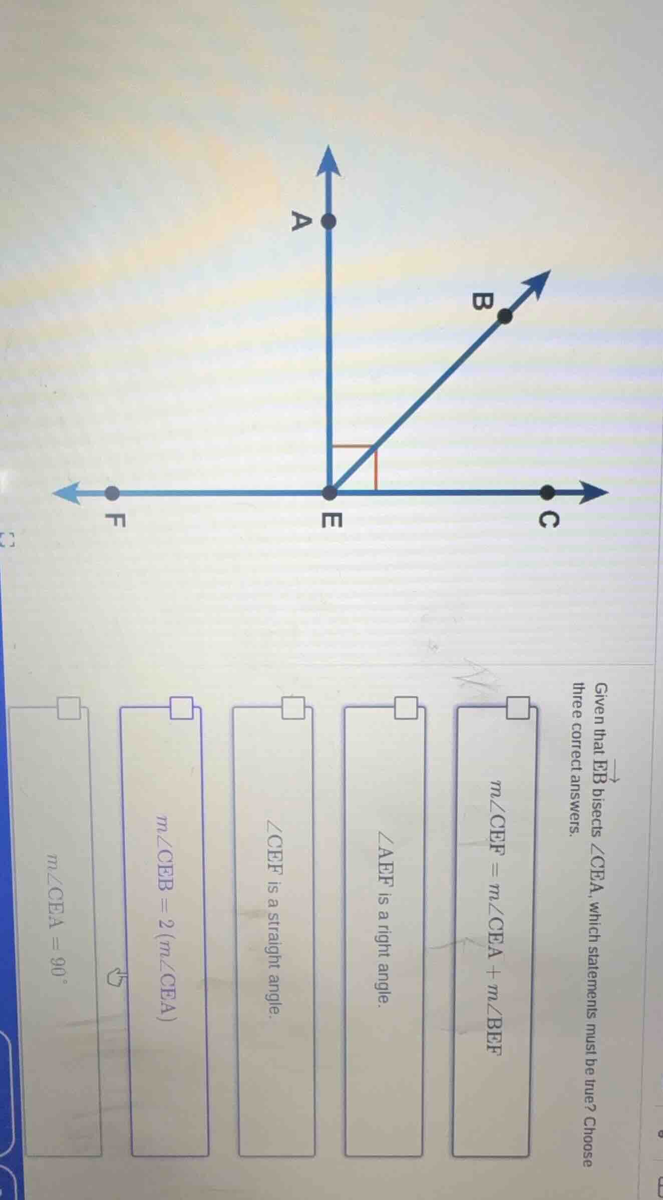 given that \\(\\overrightarrow{eb}\\) bisects \\(\\angle cea\\), which …