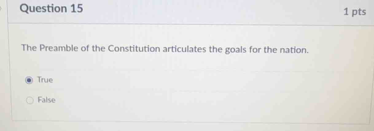 question 15 1 pts the preamble of the constitution articulates the goal…