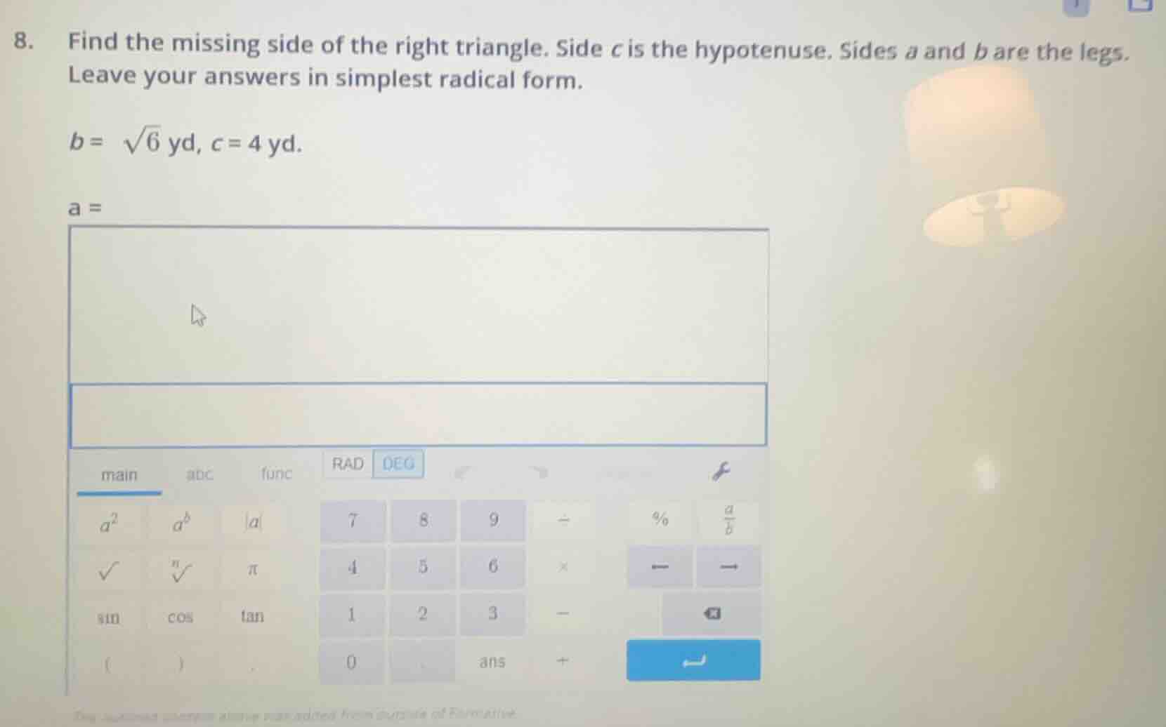 8. find the missing side of the right triangle. side c is the hypotenus…