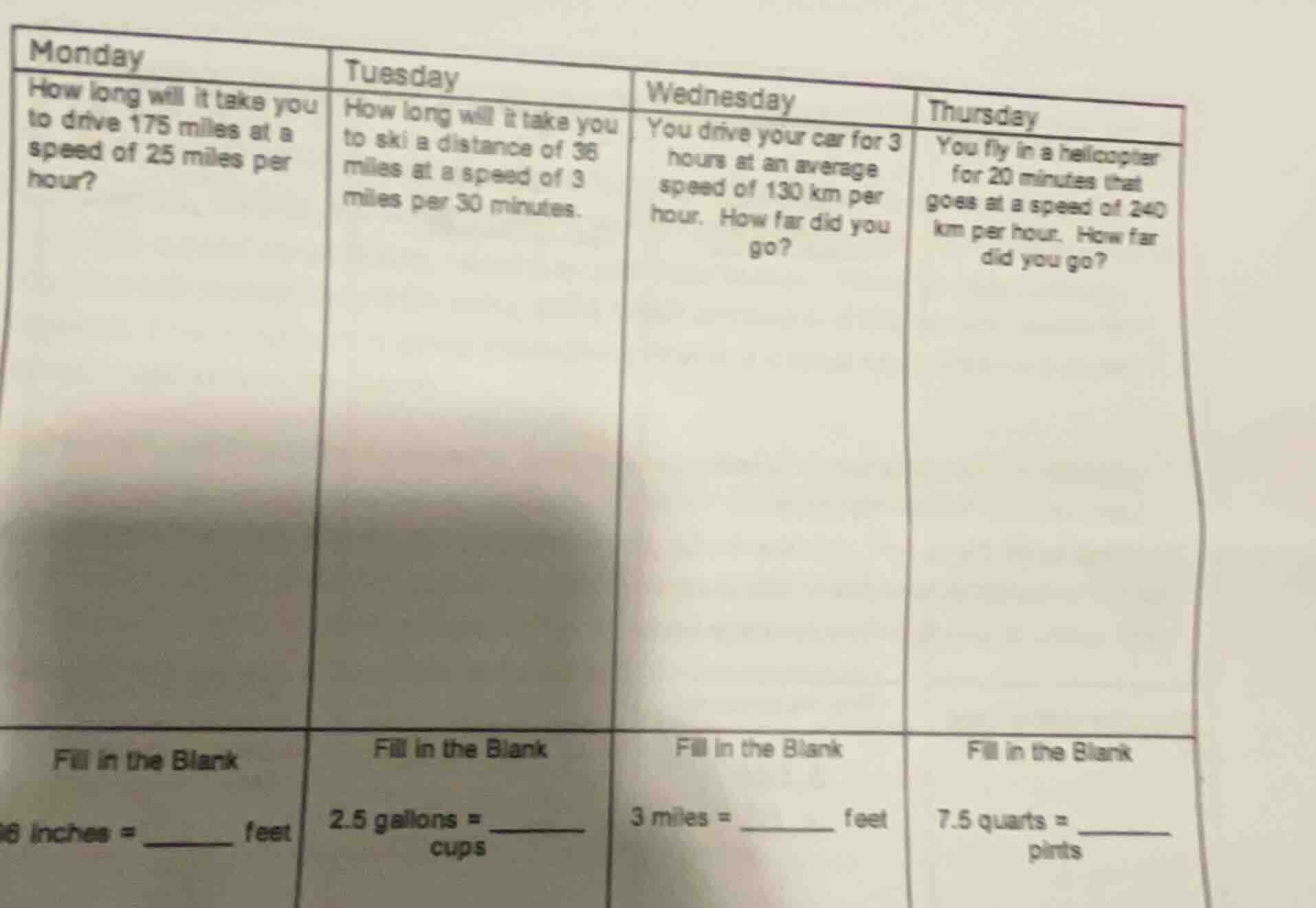 monday how long will it take you to drive 175 miles at a speed of 25 mi…