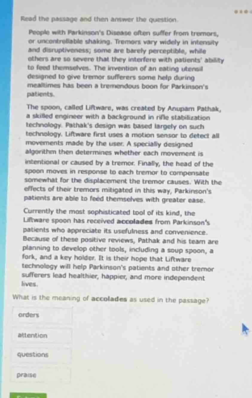 read the passage and then answer the question. people with parkinson’s …