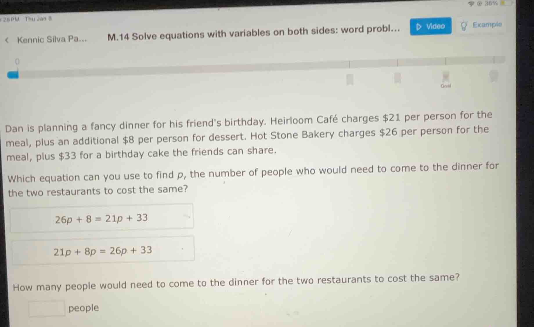 m.14 solve equations with variables on both sides: word probl... dan is…