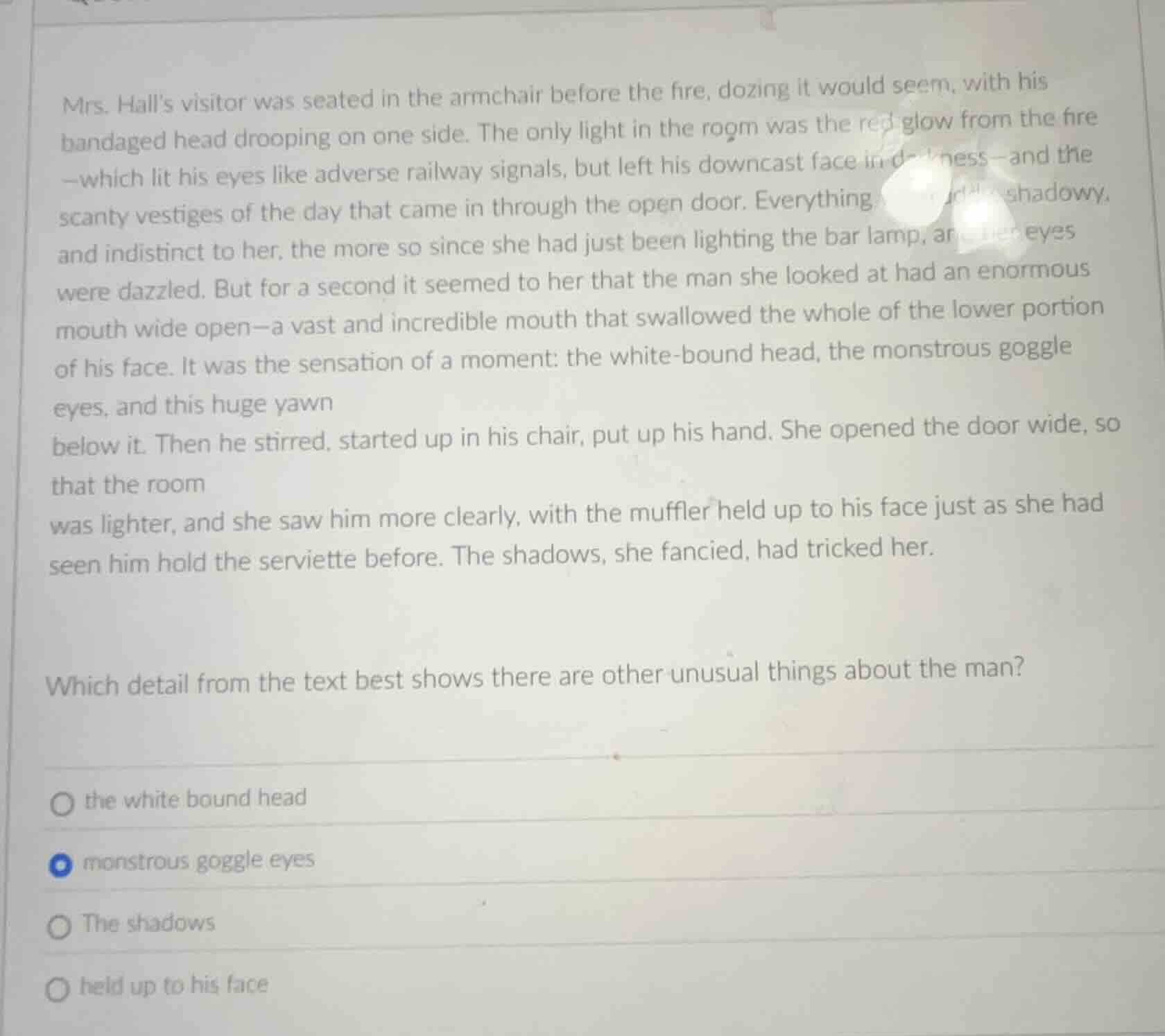 mrs. halls visitor was seated in the armchair before the fire, dozing i…