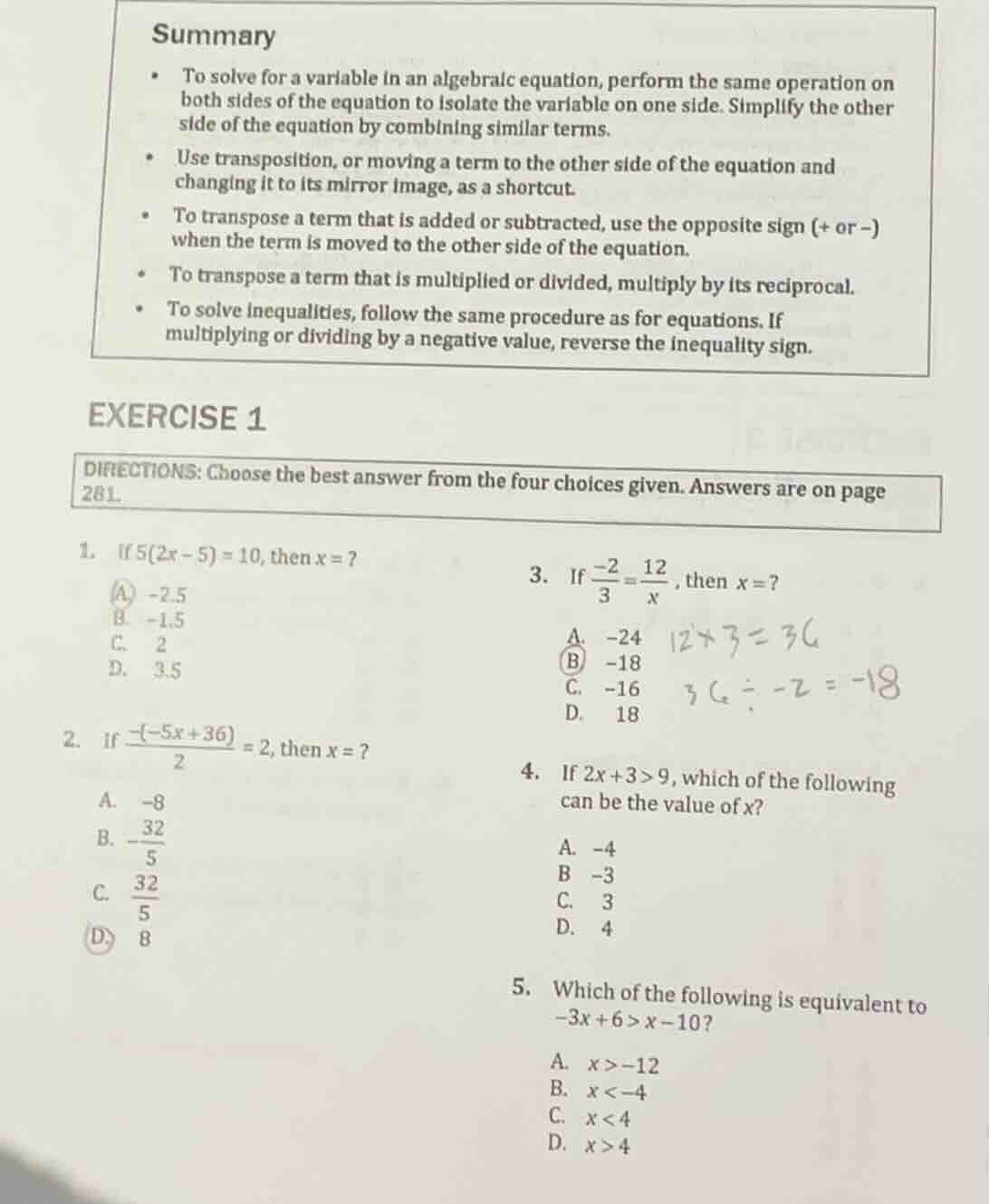 summary - to solve for a variable in an algebraic equation, perform the…