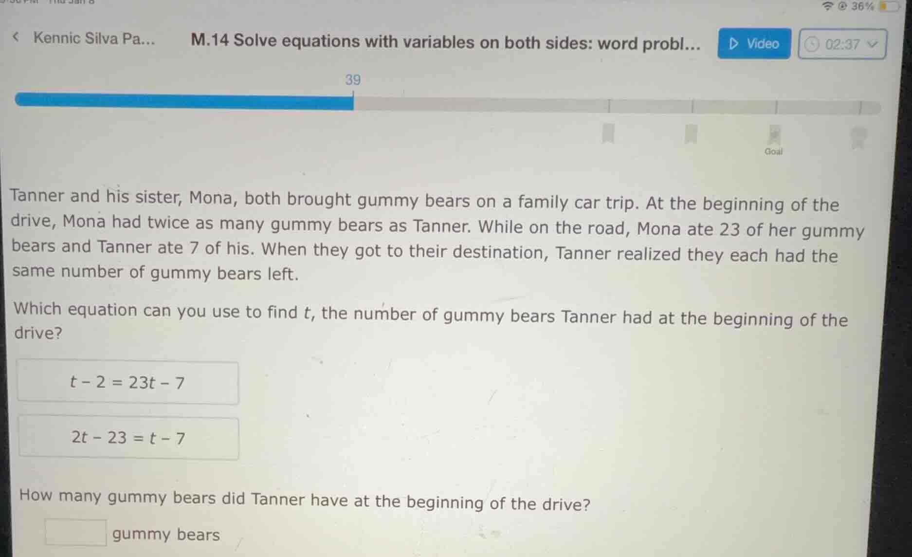 m.14 solve equations with variables on both sides: word probl... tanner…