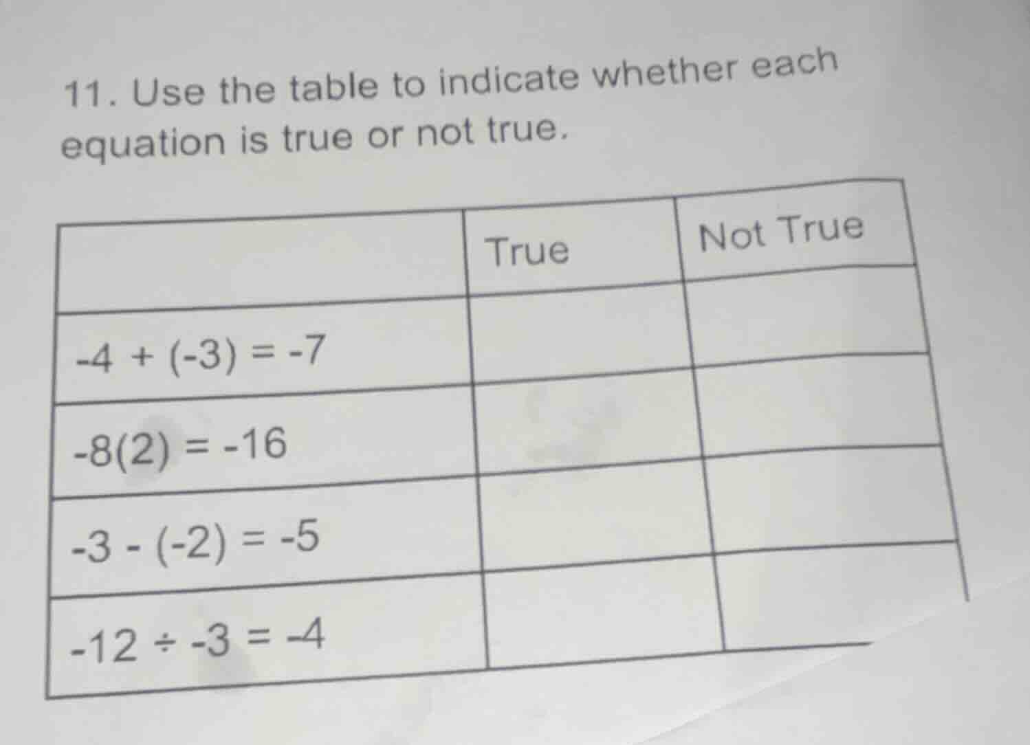 11. use the table to indicate whether each equation is true or not true…