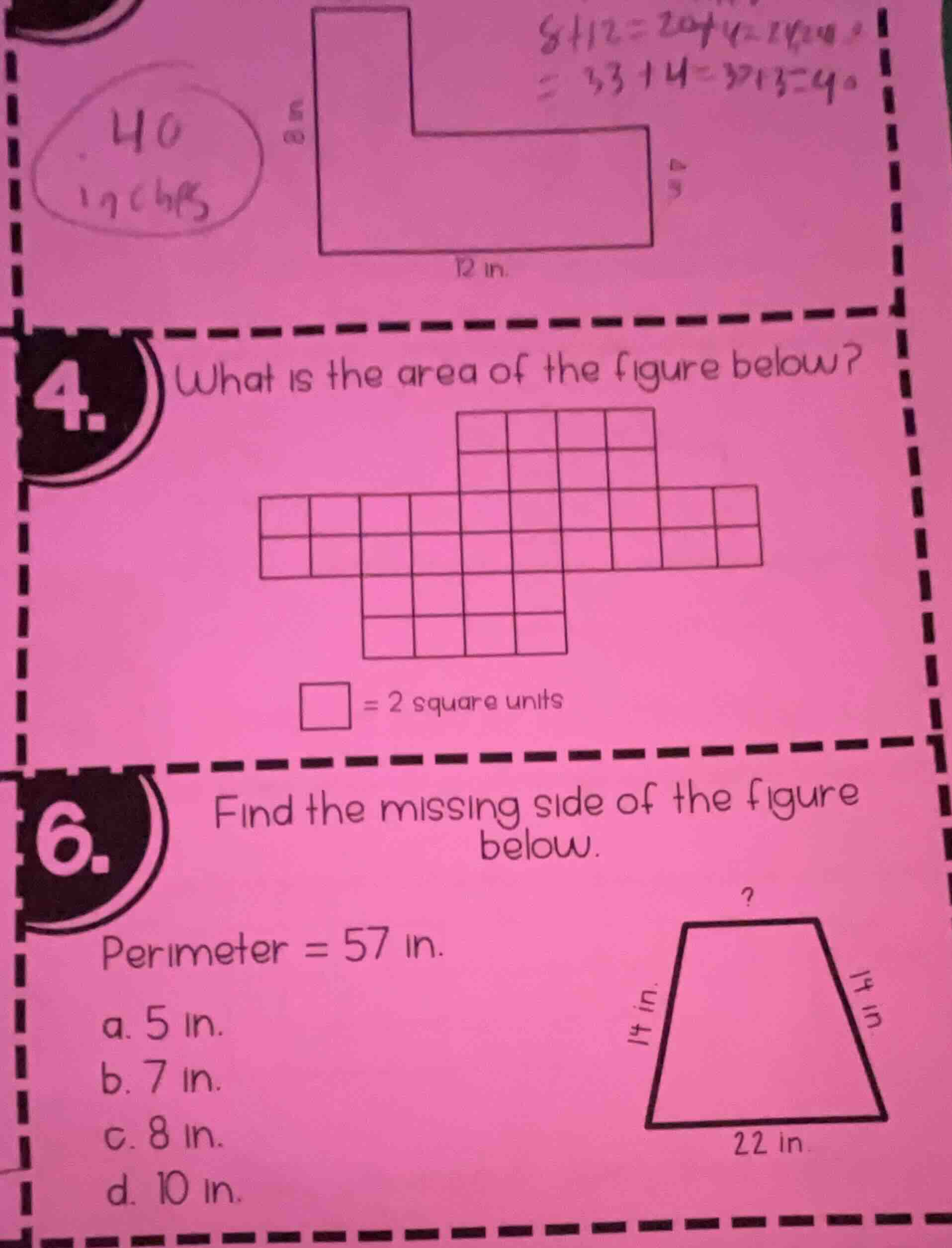 4. what is the area of the figure below? □ = 2 square units 6. find the…