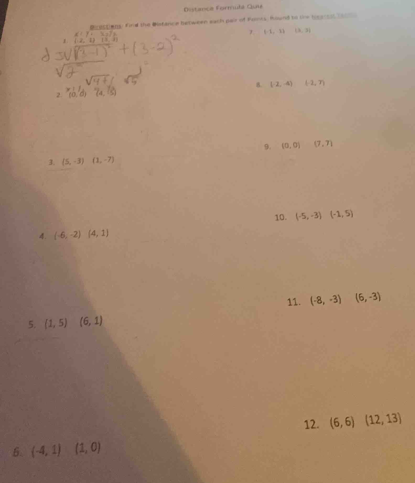 distance formula quiz problems: find the distance between each pair of …