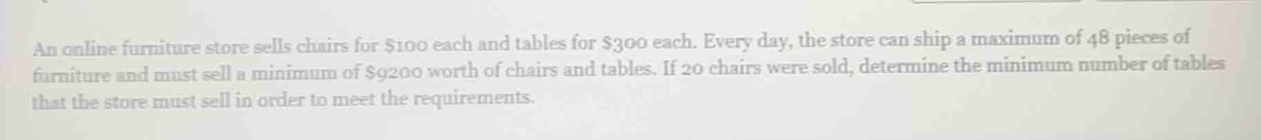 an online furniture store sells chairs for $100 each and tables for $30…