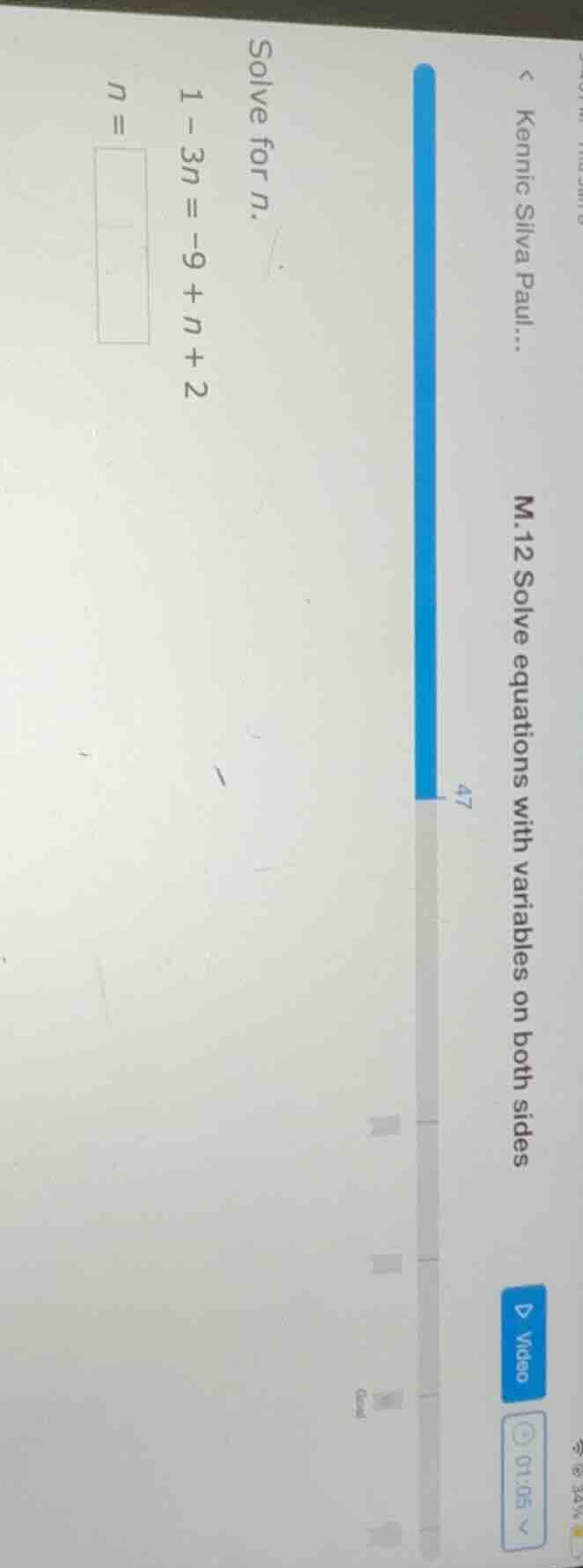solve for n. 1 - 3n = -9 + n + 2 n =