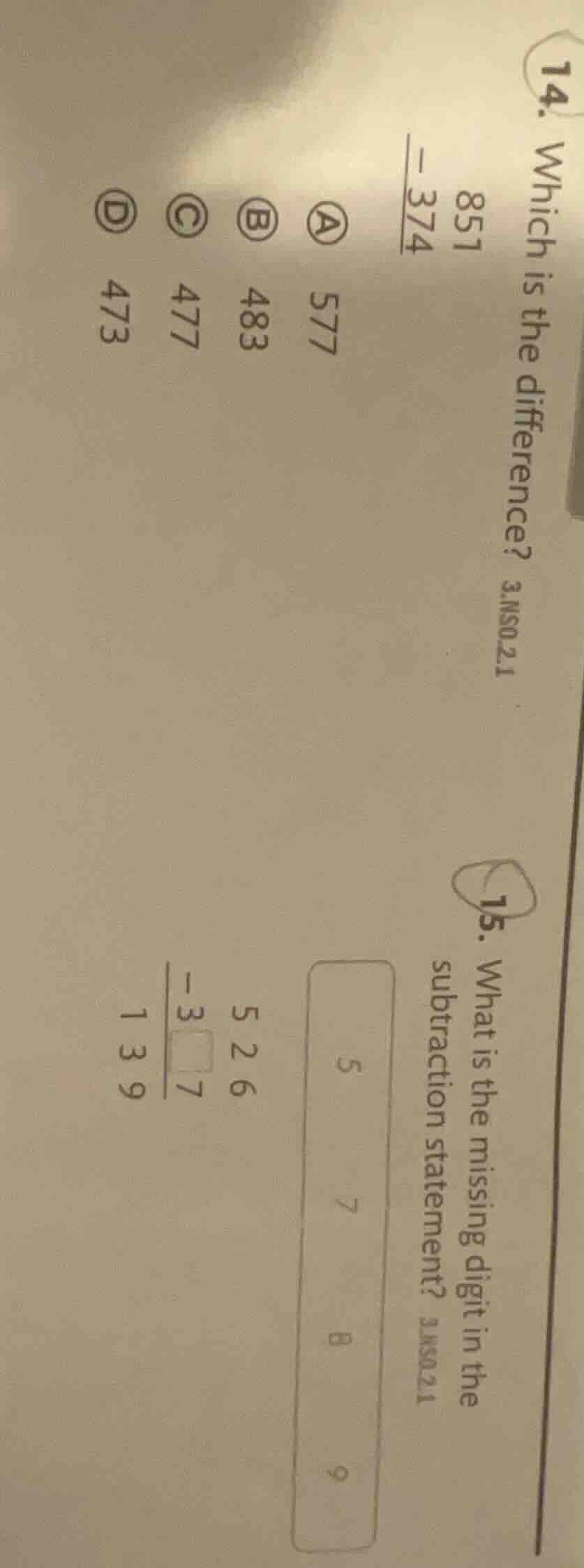 14. which is the difference? 3.ns0.2.1 $\begin{array}{r} 851\\ -374\\ h…