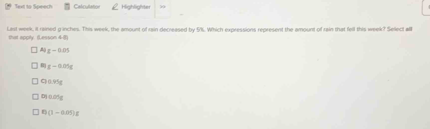 last week, it rained ( g ) inches. this week, the amount of rain decrea…