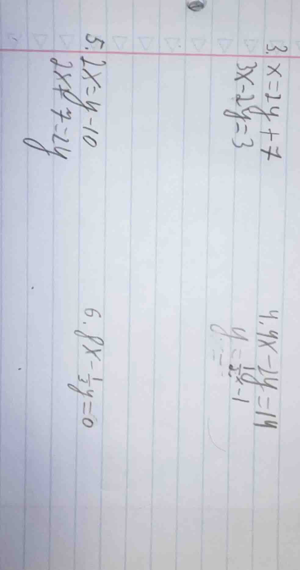 3. ( x = 2y + 7 ) ( 3x - 2y = 3 ) 4. ( 4x - 2y = 14 ) ( y = \frac{1}{2}…