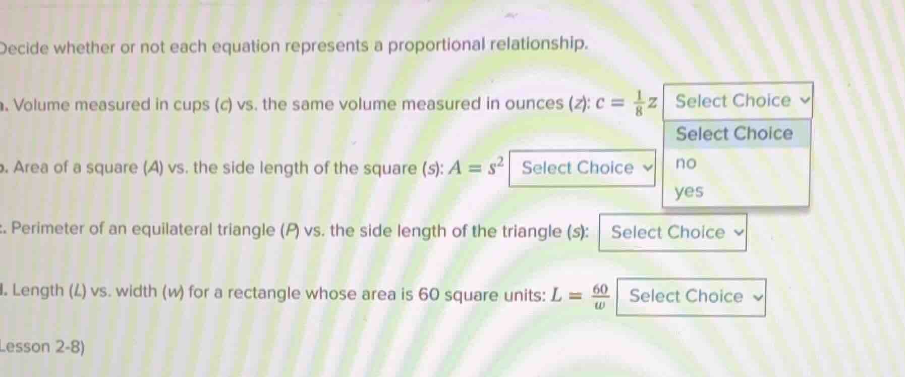 decide whether or not each equation represents a proportional relations…