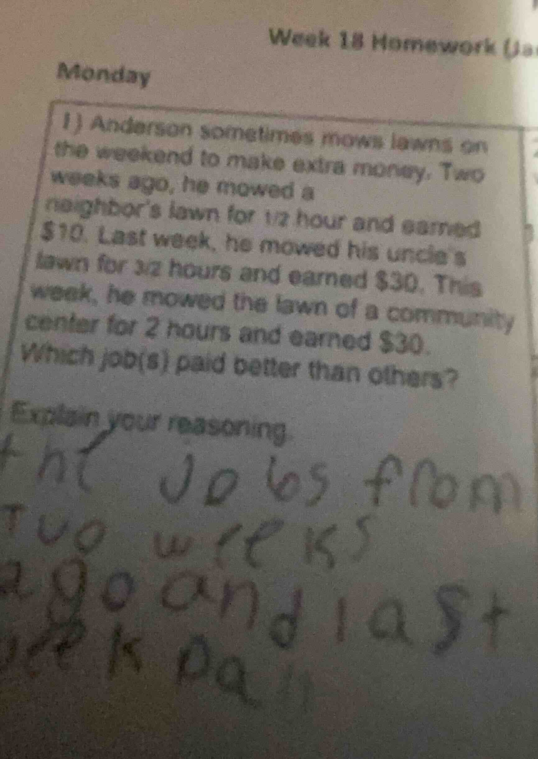 1) anderson sometimes mows lawns on the weekend to make extra money. tw…