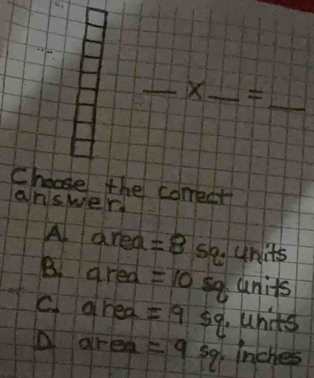 choose the correct answer. a. area = 8 sq. units b. area = 10 sq. units…