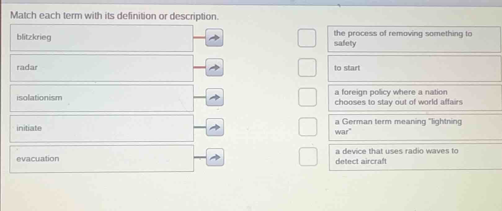 match each term with its definition or description. blitzkrieg radar is…