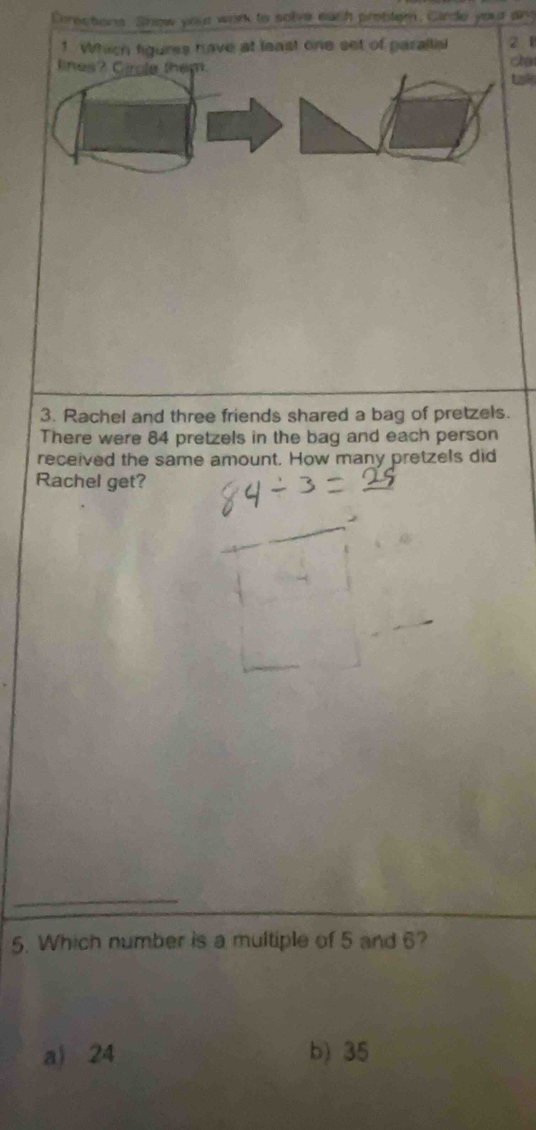 3. rachel and three friends shared a bag of pretzels. there were 84 pre…