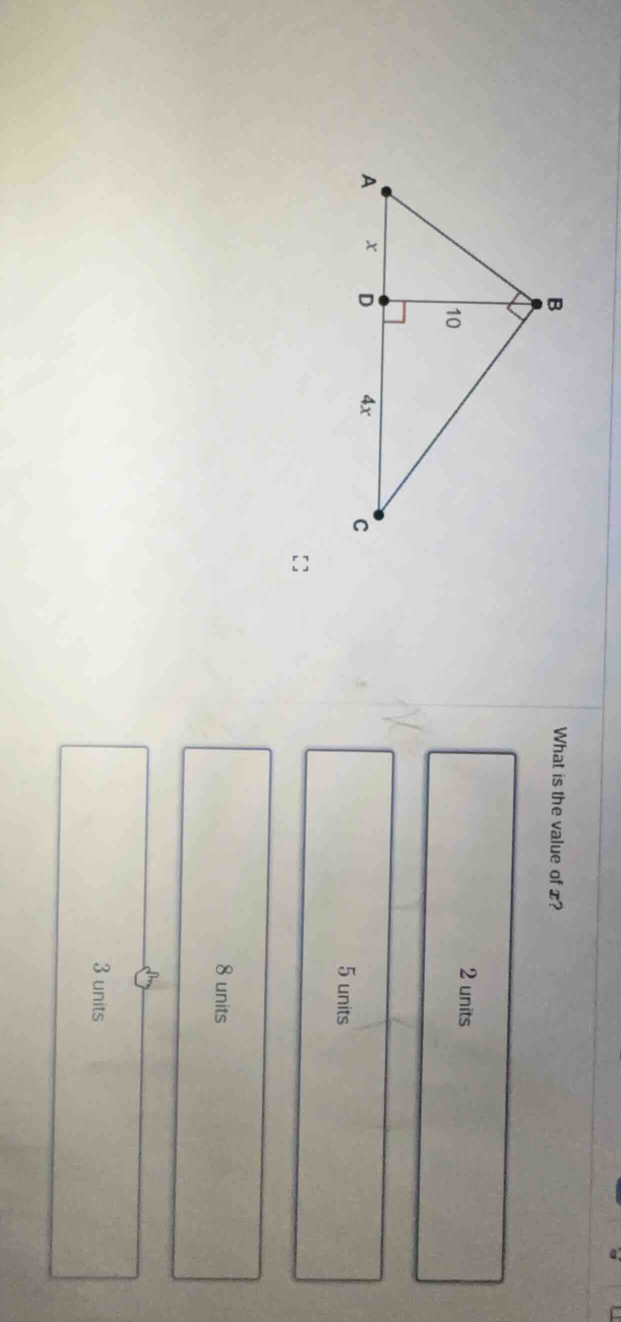 what is the value of x? triangle diagram with points a, b, c, d; ad = x…