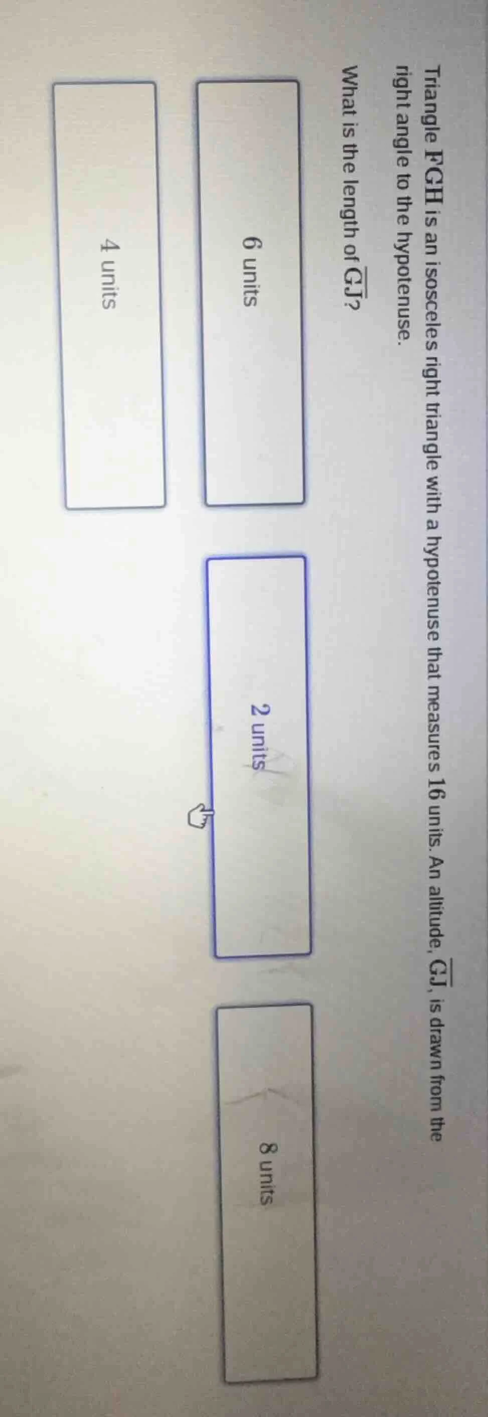 triangle fgh is an isosceles right triangle with a hypotenuse that meas…