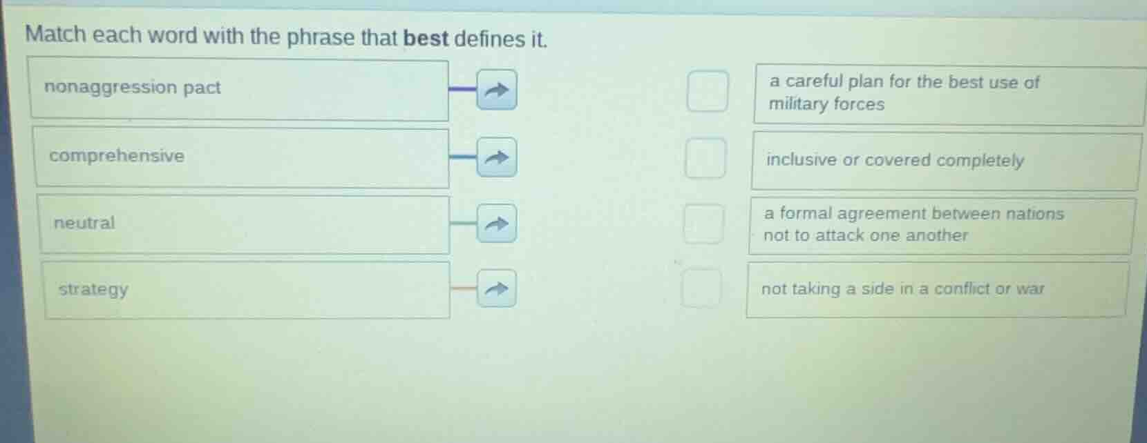 match each word with the phrase that best defines it. nonaggression pac…