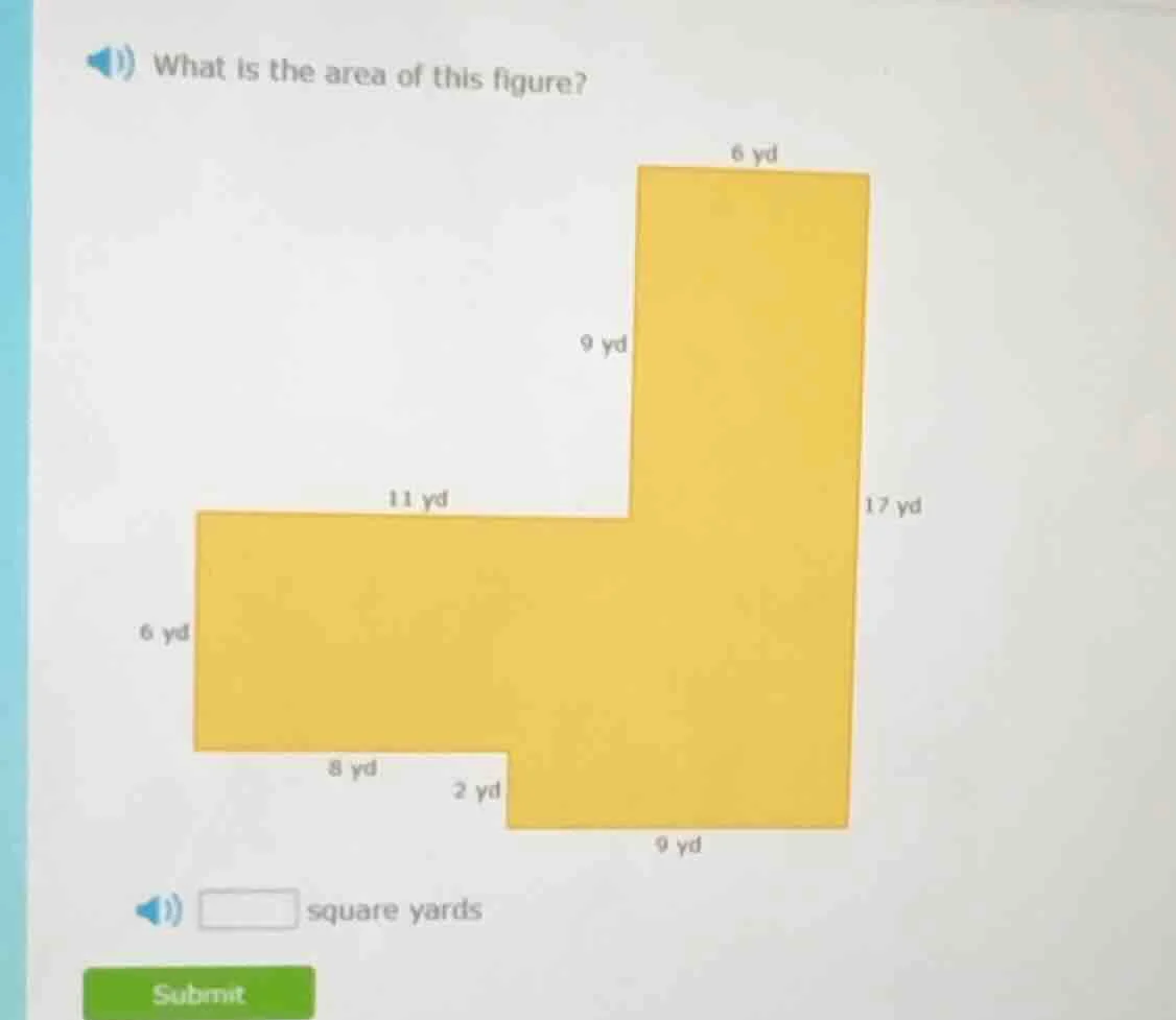what is the area of this figure? 6 yd 9 yd 11 yd 17 yd 6 yd 8 yd 2 yd 9…