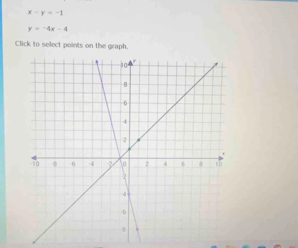 x - y = -1 y = -4x - 4 click to select points on the graph.