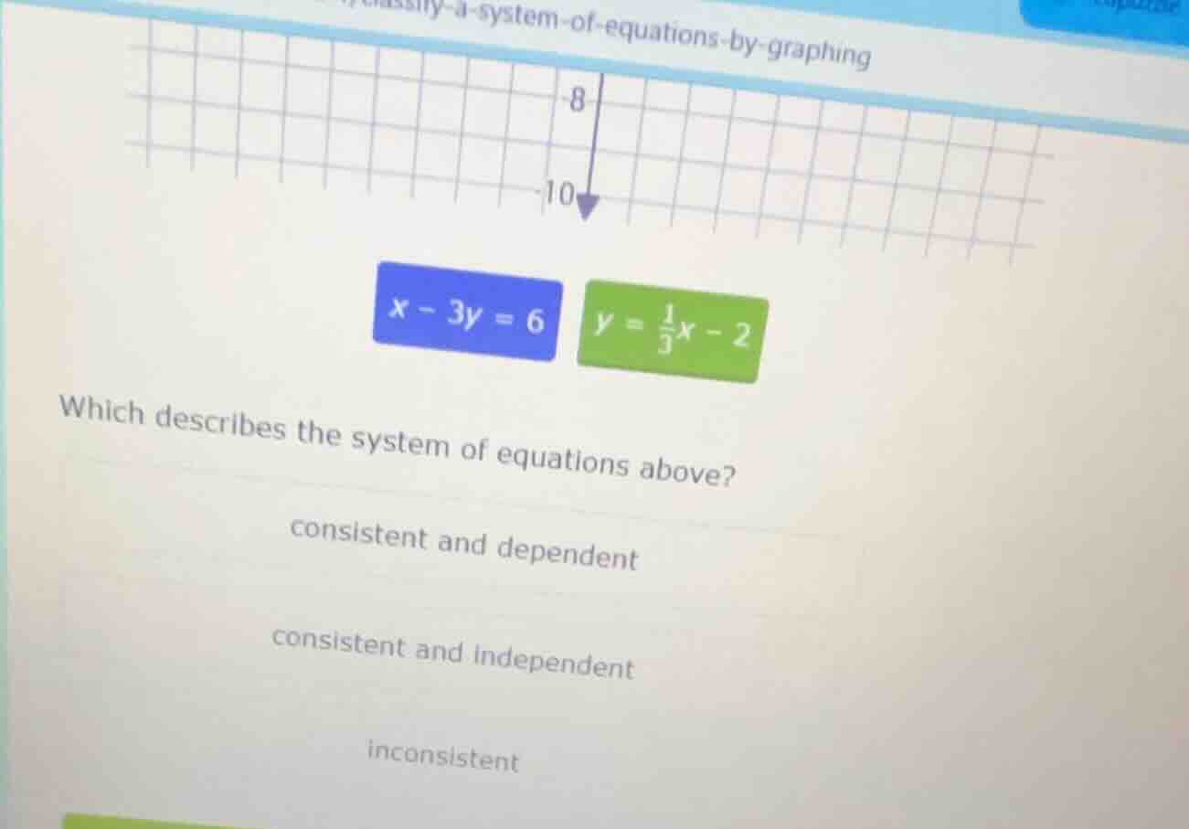 x - 3y = 6; y = (1/3)x - 2; which describes the system of equations abo…