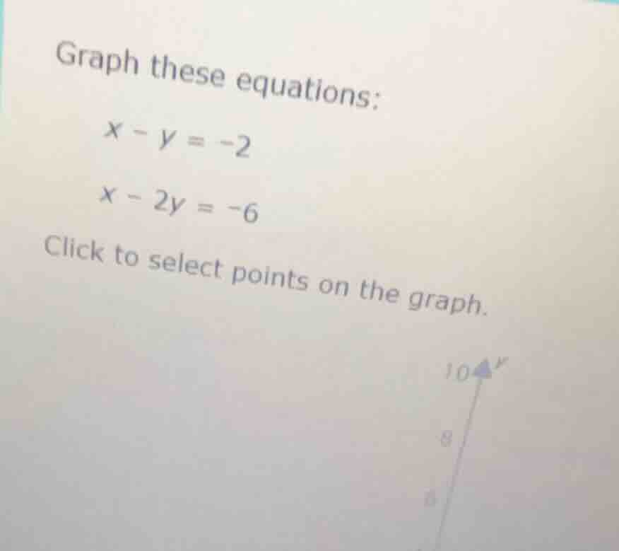 graph these equations: $x - y = -2$ $x - 2y = -6$ click to select point…