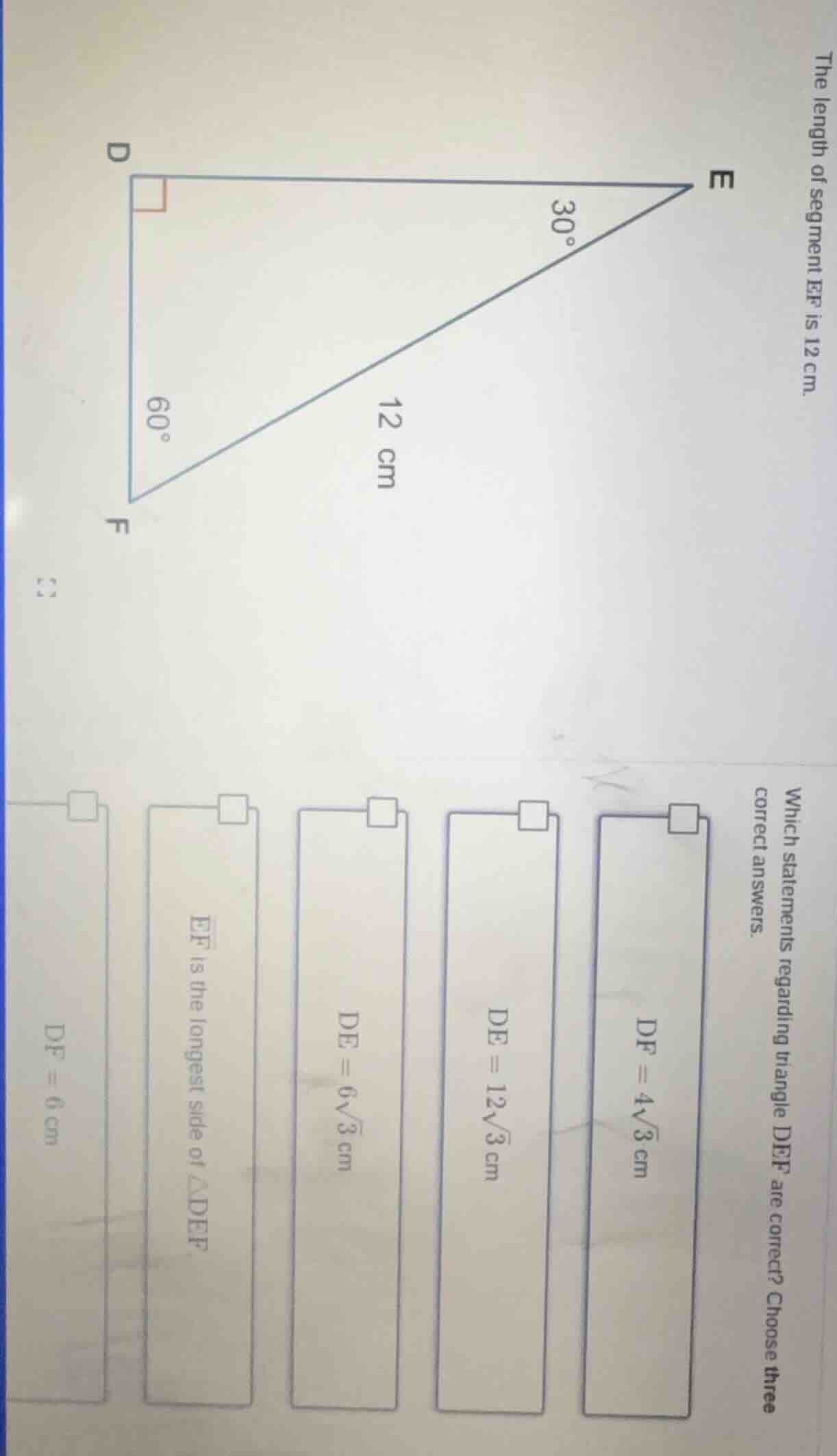 the length of segment ef is 12 cm. which statements regarding triangle …