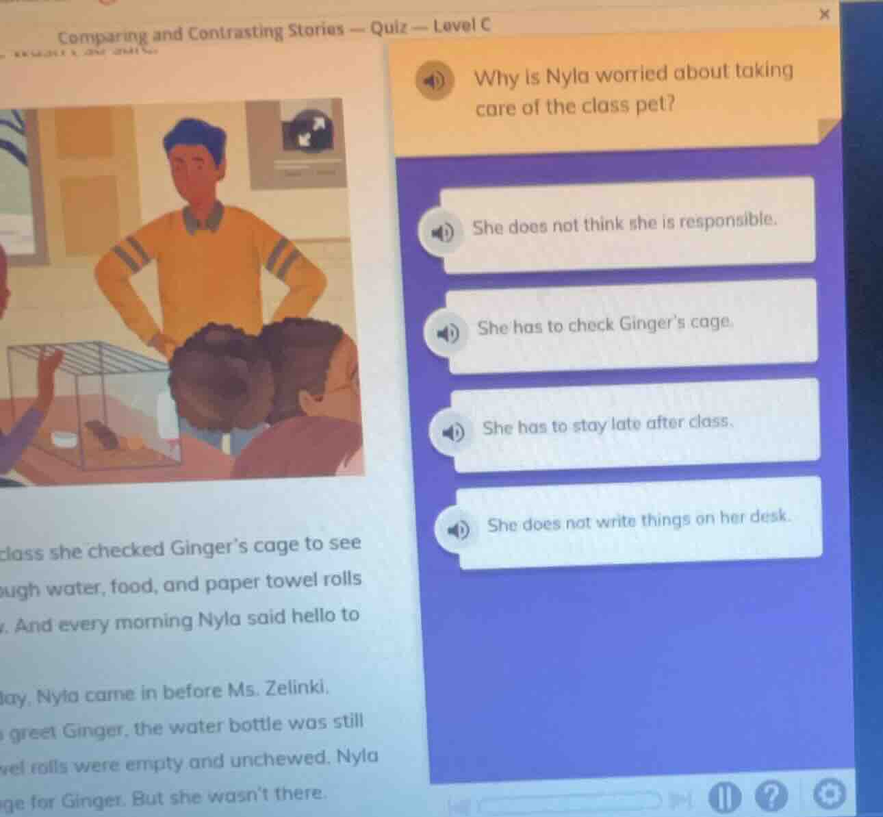 comparing and contrasting stories — quiz — level c why is nyla worried …