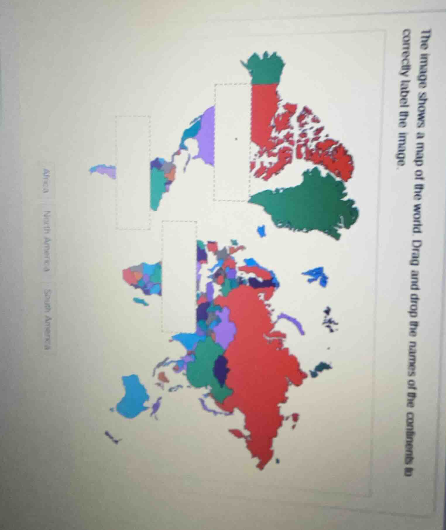 the image shows a map of the world. drag and drop the names of the cont…
