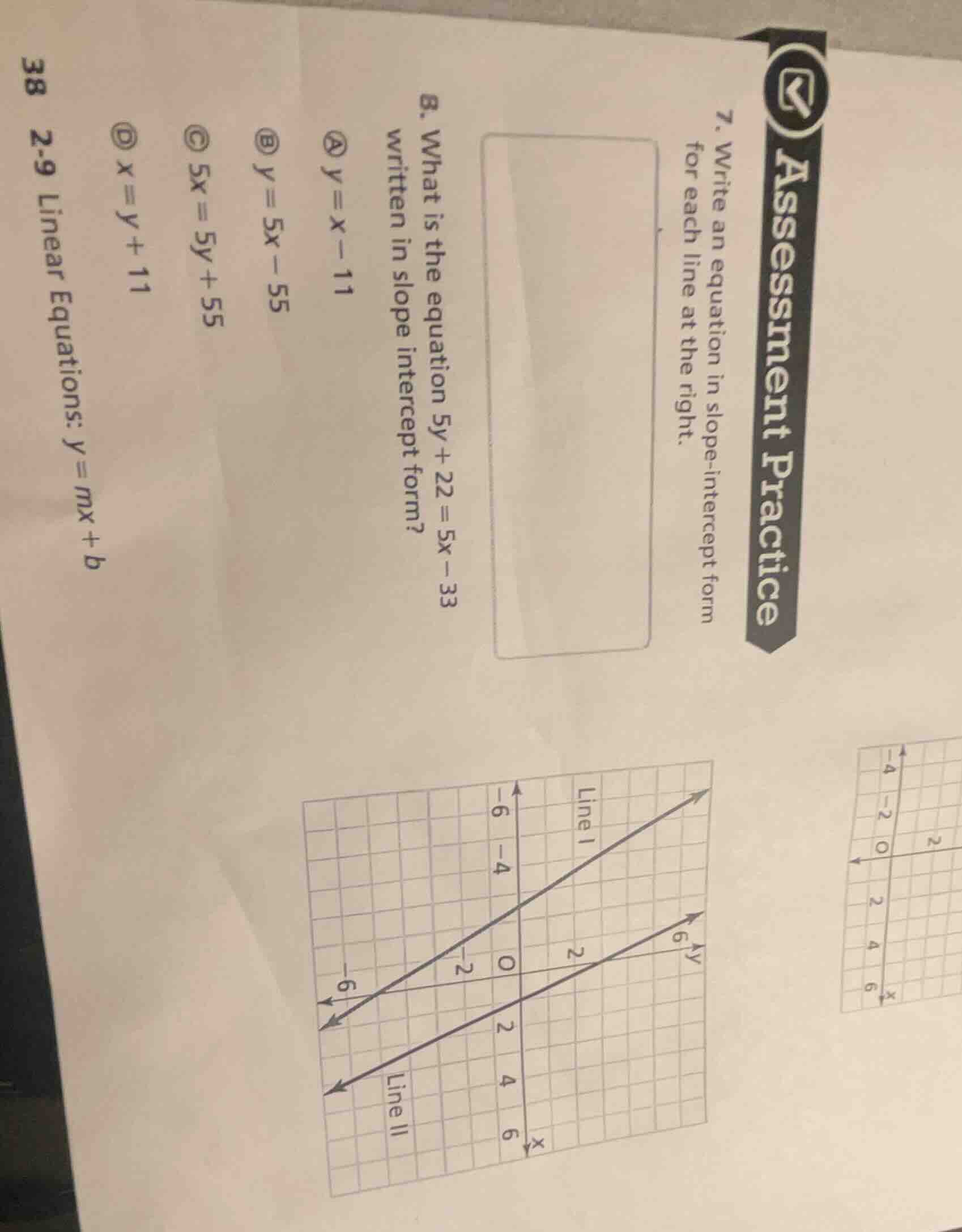 7. write an equation in slope - intercept form for each line at the rig…