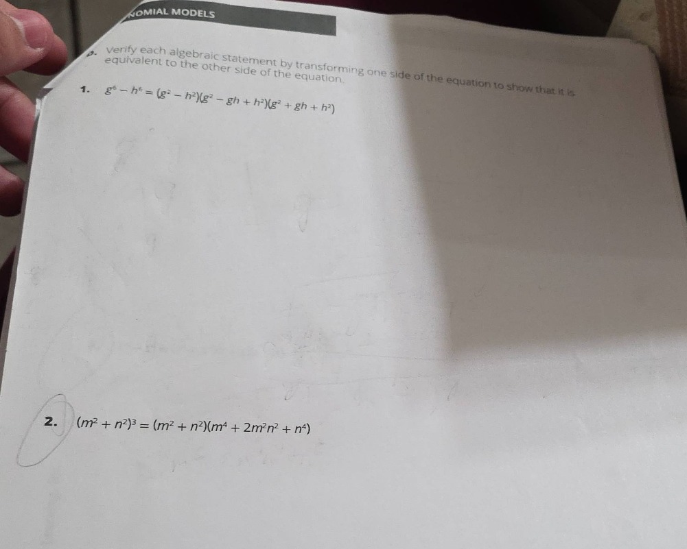 polynomial models 9. verify each algebraic statement by transforming on…